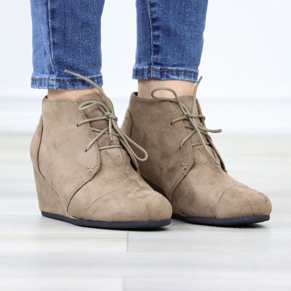 Taupe Faux Suede Round Toe Wedge Heel Lace Up Ankle Boots - Picture 3 of 12